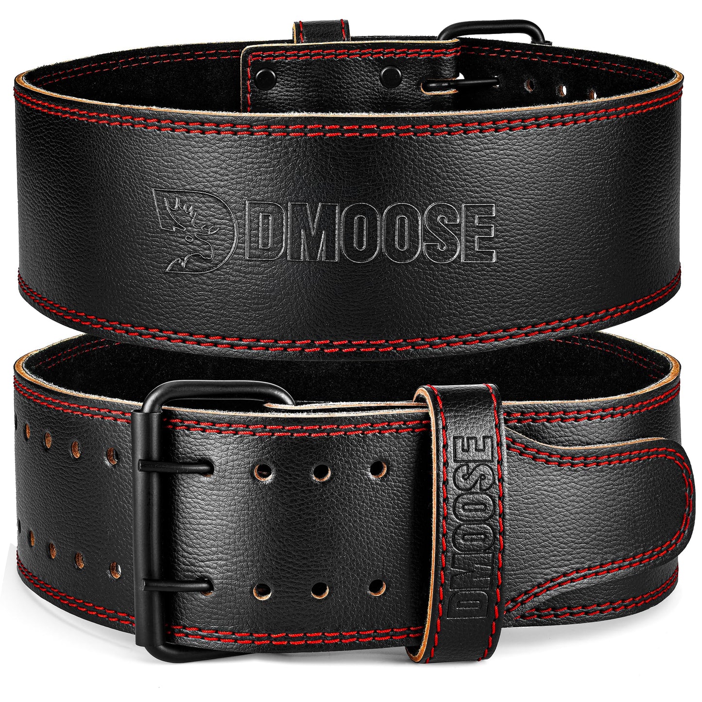 DMoose Weight Lifting Belt for Men Genuine Leather for Men and Women, 4 Inch Wide, Adjustable Buckle, 5MM Thick for Weightlifting, Workout, Gym, Squat, Deadlift, Great Lower Back Support (Black/Red S)