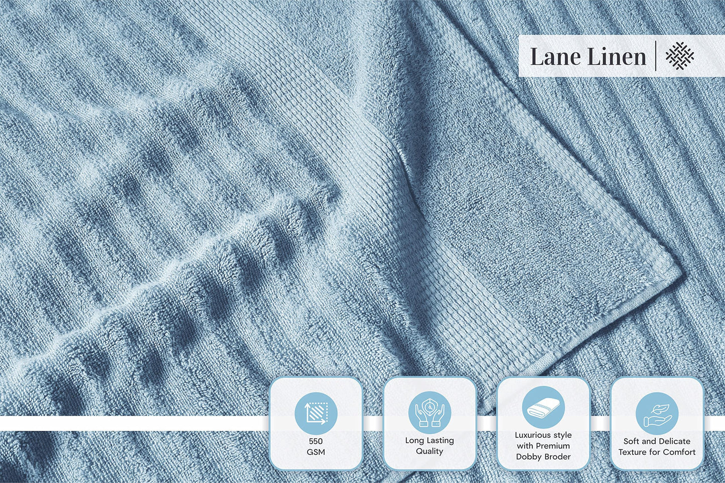 LANE LINEN Cotton Bath Towels Set of 6 - Exclusive Zero Twist - Softer, Quick Dry & Absorbent - 2 Bath, 2 Washcloths, 2 Hand Towels for Bathroom - Durable, Premium Quality & Ideal Gift for Him - Blue