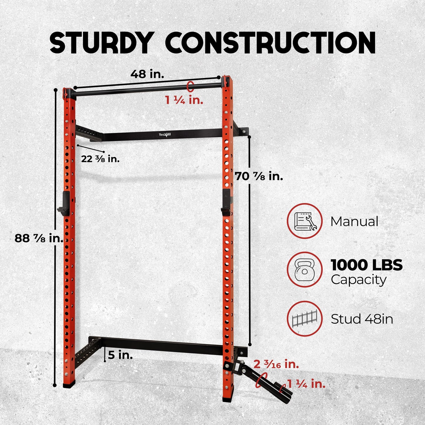 Yes4All 2" x 2" Tube with 1" Hole Space Saving Folding Wall Mounted Squat Rack for Home Gym, 1000lbs Capacity Steel Power Cage with Adjustable Pull-Up Bar, 360 Degree Landmine & Strong Steel J-Hooks