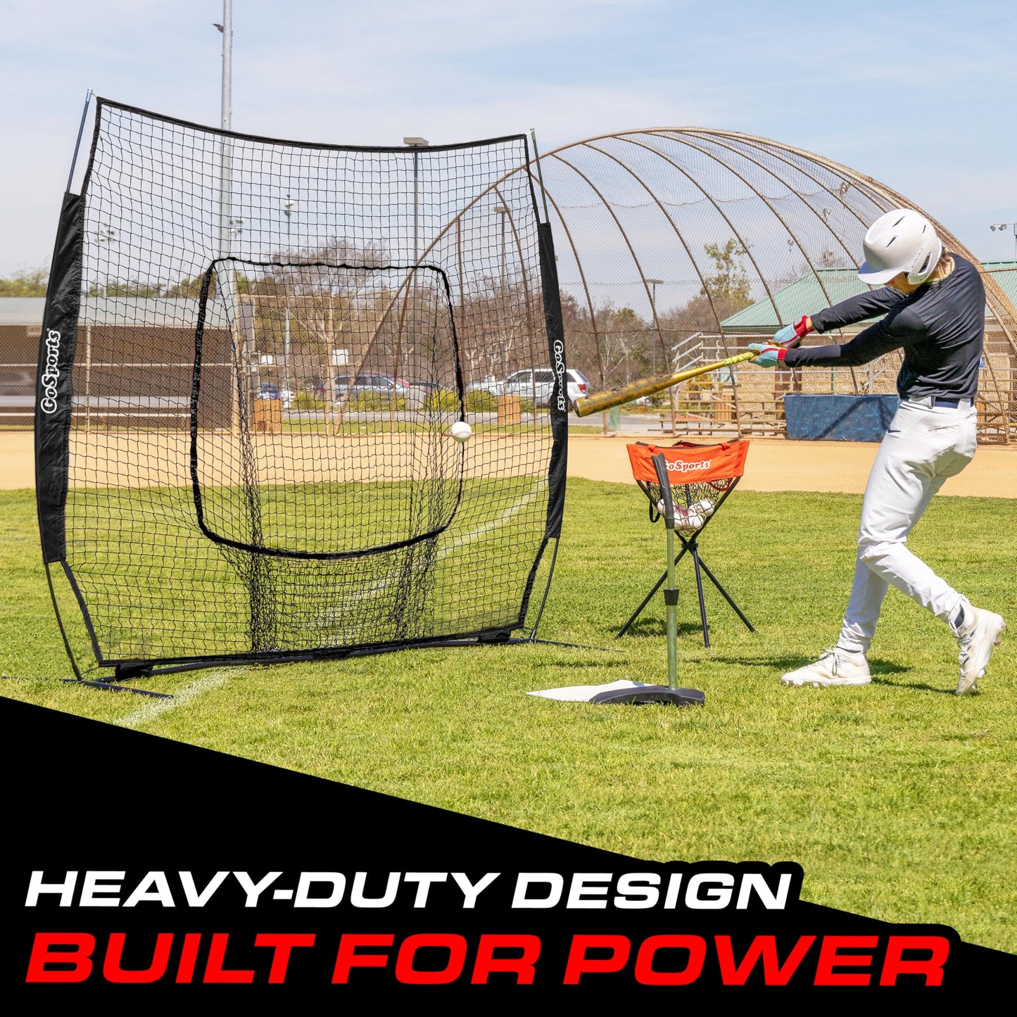 GoSports 7 ft x 7 ft Baseball & Softball Practice Hitting & Pitching Net with Bow Type Frame, Carry Bag and Strike Zone, Great for All Skill Levels