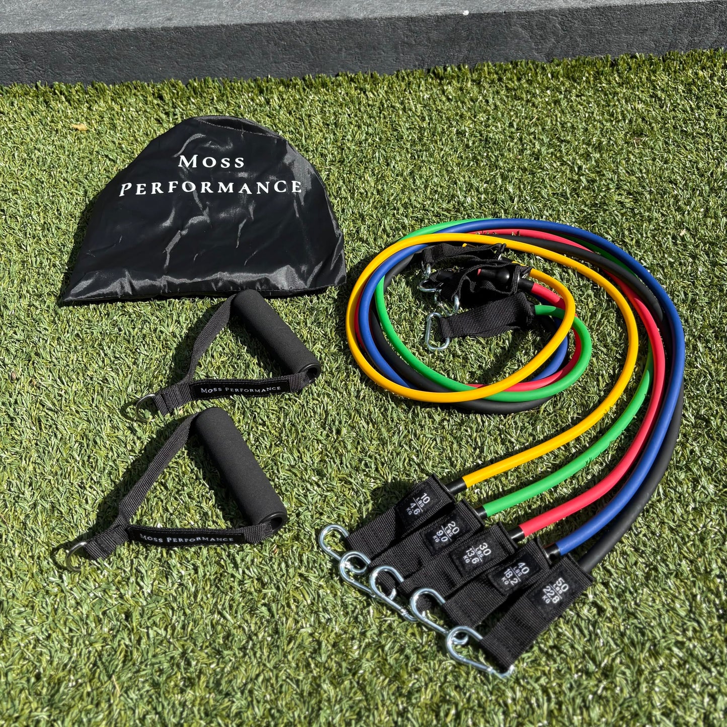 Moss Performance Premium Long Tube Resistance Bands with Handles, Set of 5 Strengths with Carrying Bag, for Men and Women, Strength Training Home Gym Workout Equipment