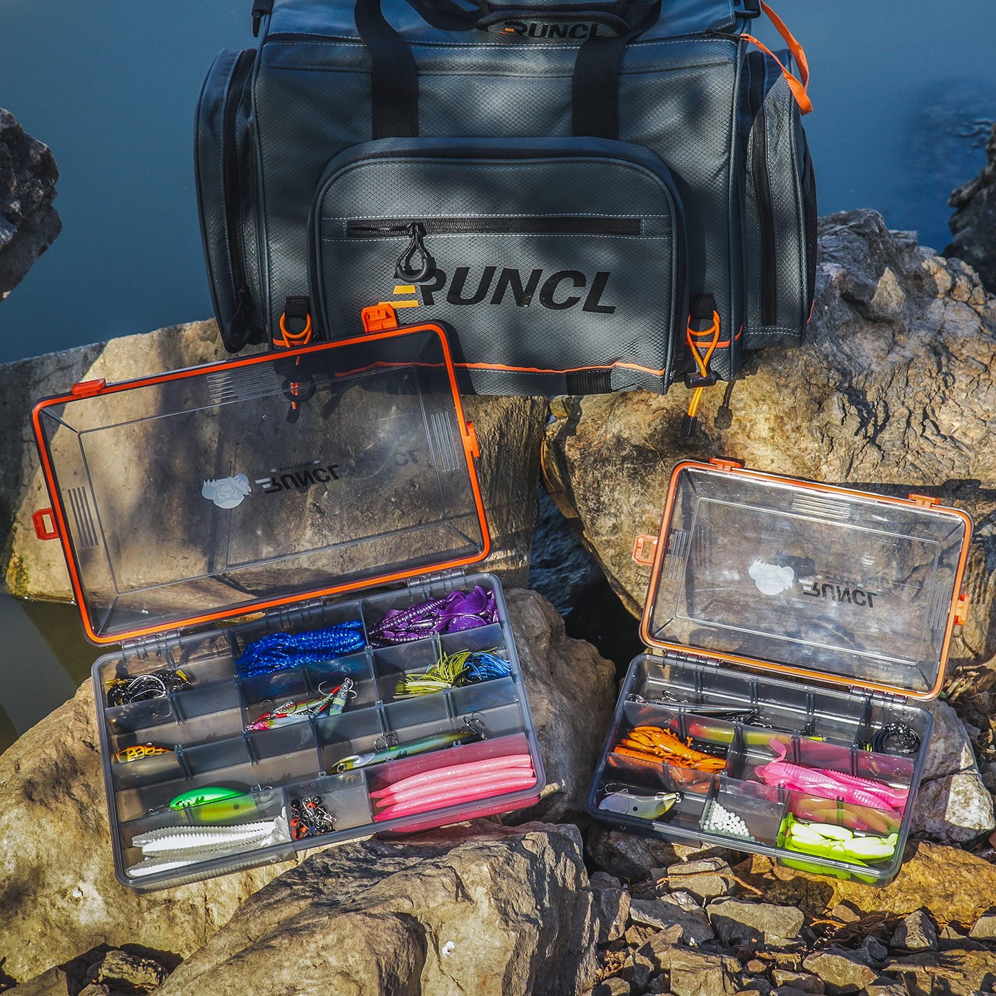 RUNCL Fishing Tackle Box, Waterproof Airtight Stowaway, 3600/3700 Tray Tackle Box with Adjustable Dividers, Plastic Storage Organizer (4pcs 3700)