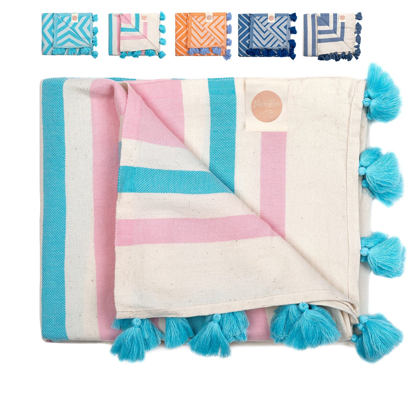 Nova Blue Turkish Beach Towel (37 x 71) - Pink Striped 100% Turkish Cotton - XL, Sand Resistant – Beach Blanket, Compact