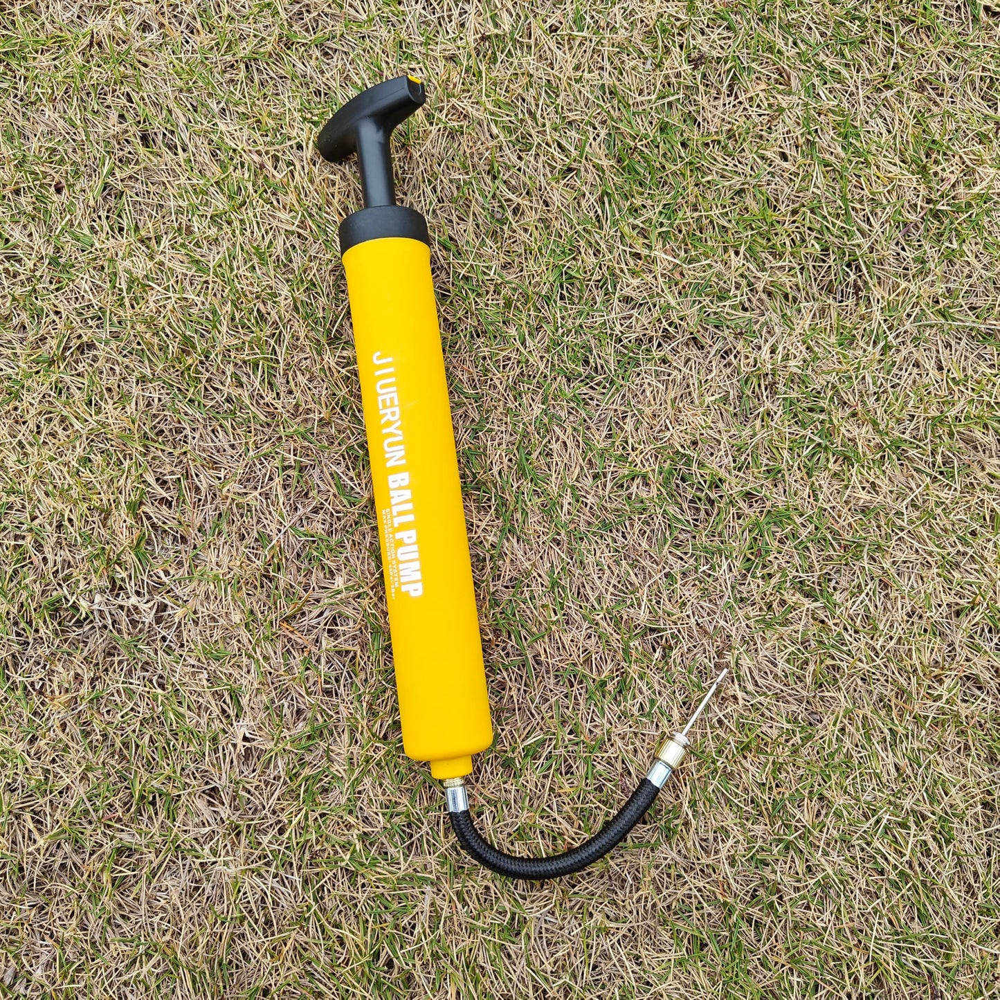 Ball Pump with Needle Storage in Handle - 5 Metal Needles, Flexible Hose - for Soccer, Basketball, Volleyball, Handball - Yellow