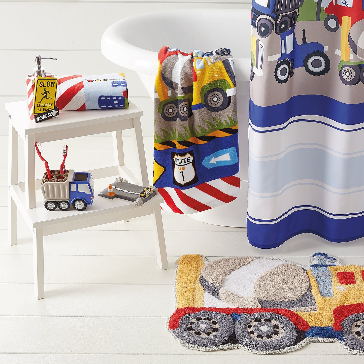 dream FACTORY Trains and Trucks Kids Bath Towel - 20" x 30" - 100% Cotton - Cars and Trucks Yellow Design
