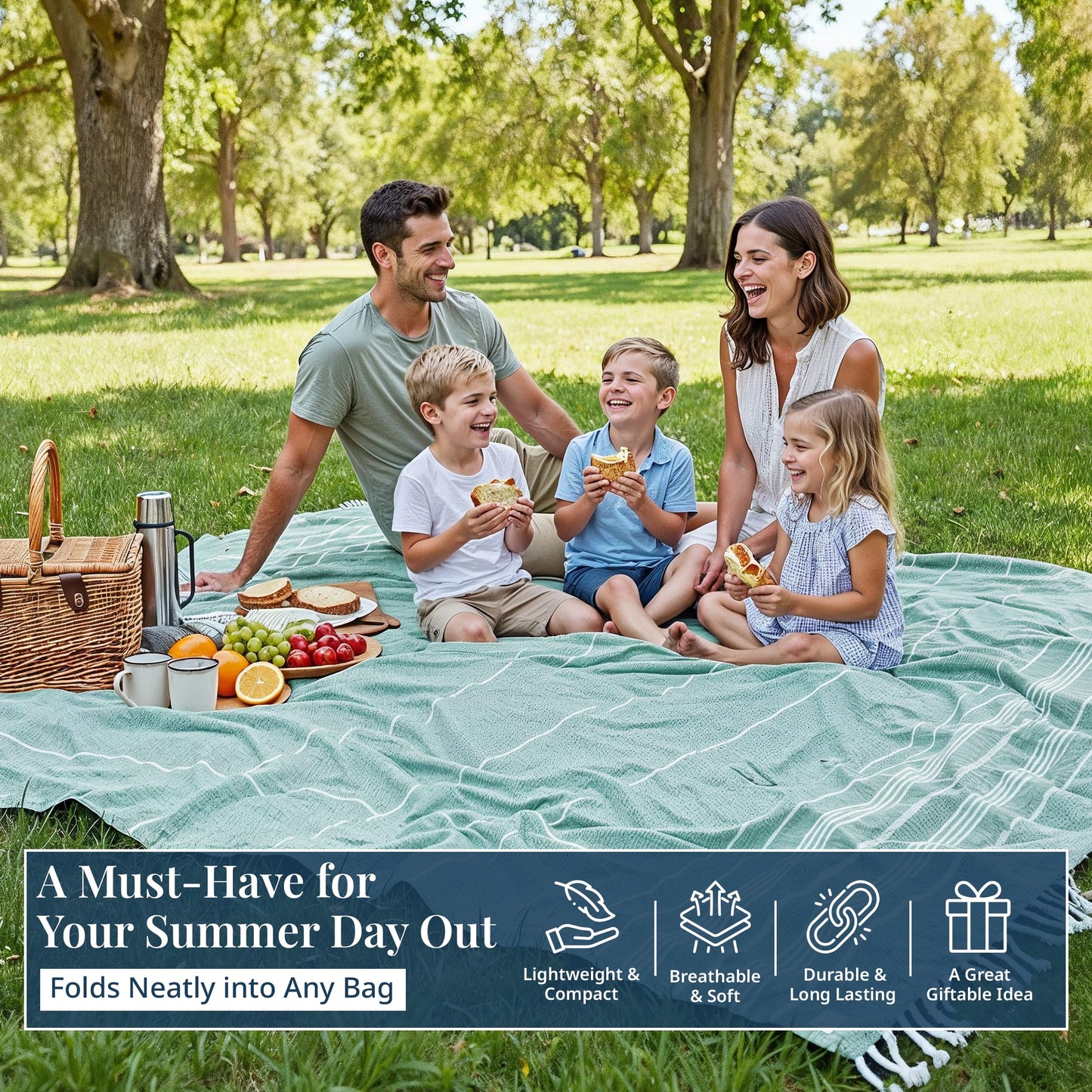 LANE LINEN Large Beach Blanket – Oversize Beach Towel, Beach Games for Family, Compact Quick-Dry Towel (82"x82"), Perfect for Lounging, Resort Stays, & Coastal Escapes - Aqua