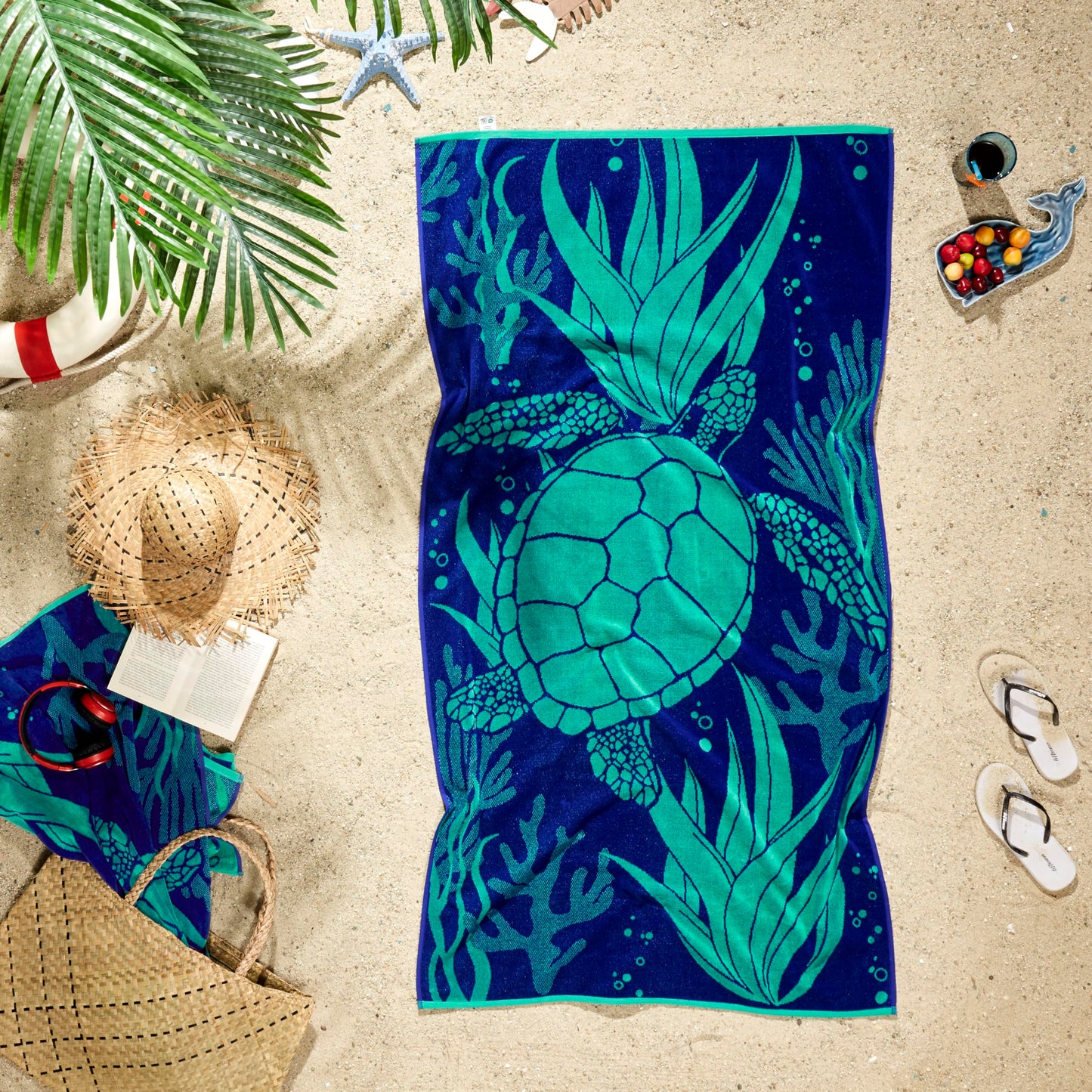 Ozdilek 34x64 Beach Towel - 100% Turkish Cotton, Luxury Soft Velour, Quick Dry, Absorbent, Fade-Resistant, Oversized Pool & Spa Towel, Sea Turtle Design, Eco-Friendly (Sea Turtle Haven)