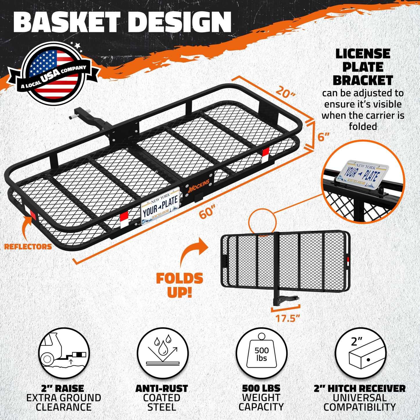 Mockins Folding Luggage Rack for SUV Car Truck ATV & More | 500 Lb. Capacity 6" Raised Shank Steel Trailer Hitch Cargo Carrier 48"x20"x6" w/ 15 Cu Ft Waterproof Cargo Bag & Accessories
