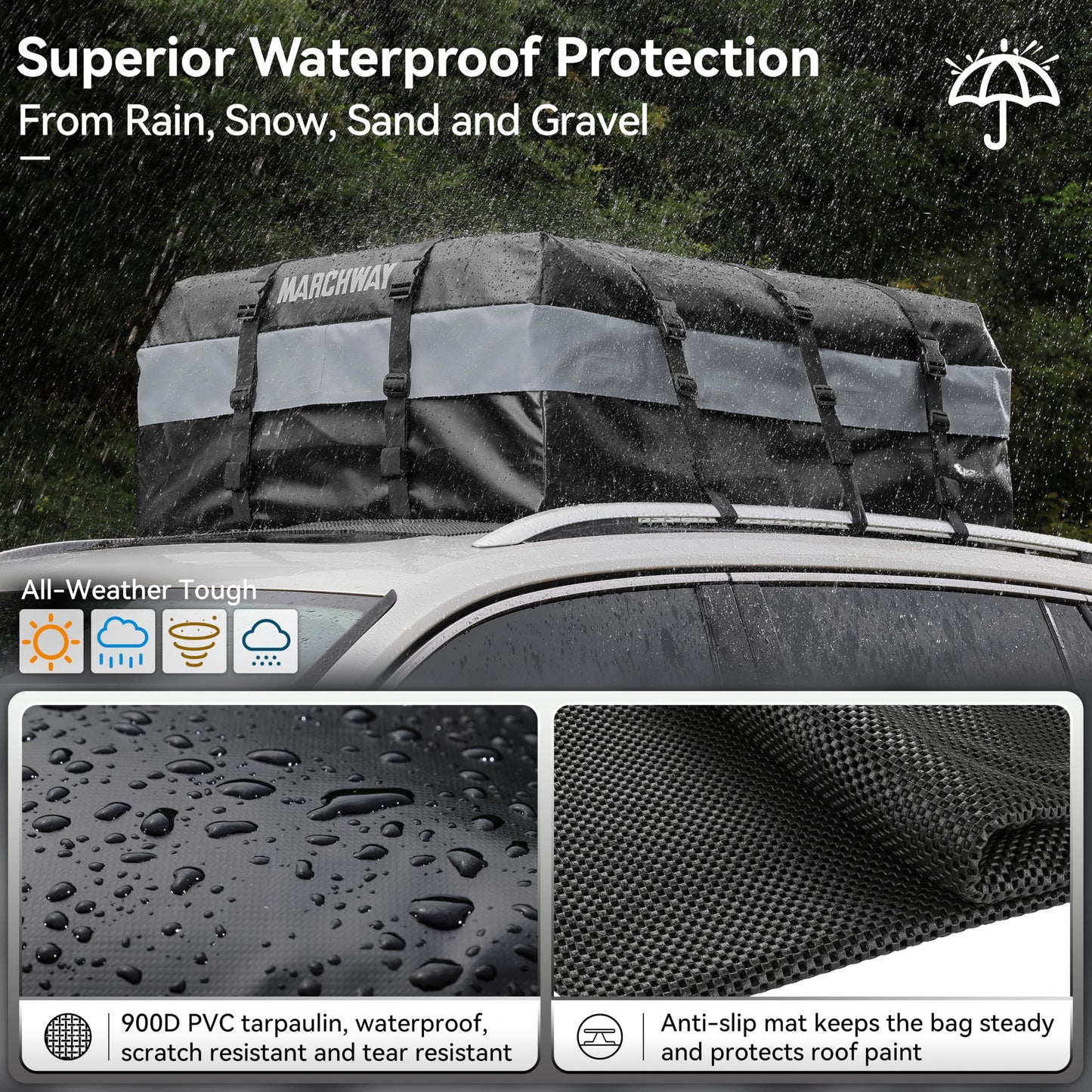 MARCHWAY Waterproof Car Roof Luggage Bag, Weatherproof Soft Shell Rooftop Cargo Carrier Bag for Vehicles with or Without Rack. 6 Door Hooks, Anti Slip Mat, Lock Included (21 Cubic Feet, Black)