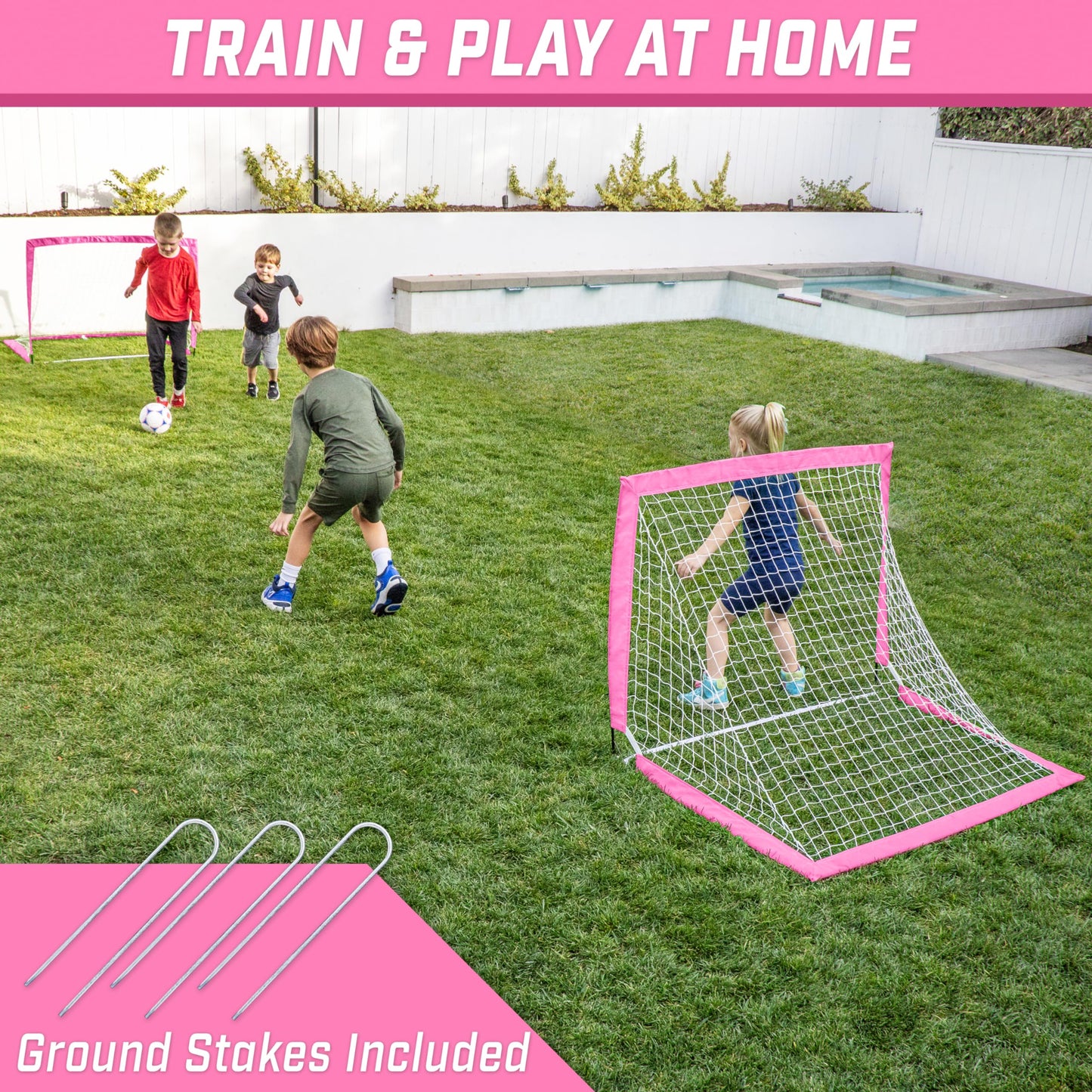GoSports Team Tone 4 ft x 3 ft Portable Soccer Goals for Kids - Set of 2 Pop Up Nets for Backyard - Pink