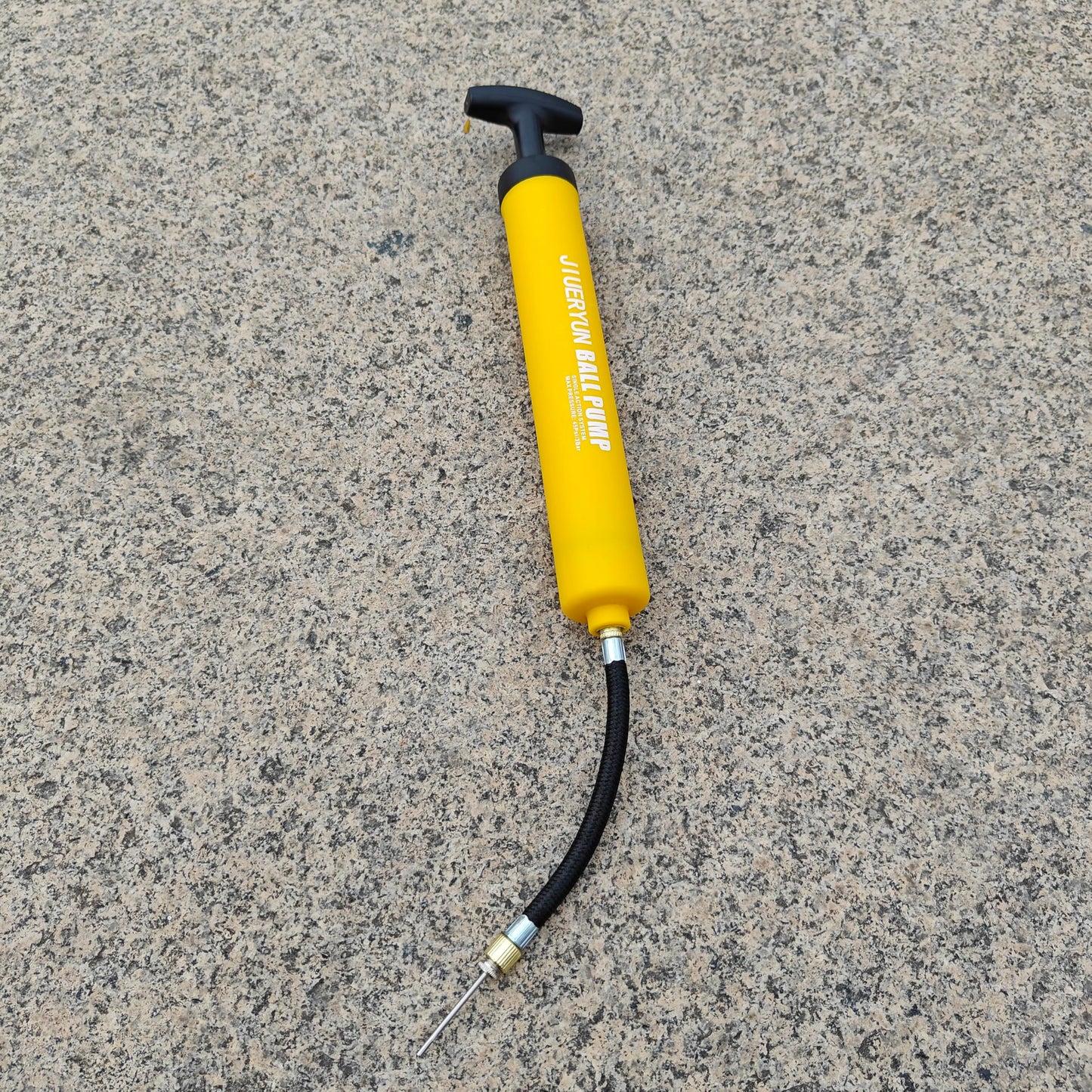 Ball Pump with Needle Storage in Handle - 5 Metal Needles, Flexible Hose - for Soccer, Basketball, Volleyball, Handball - Yellow
