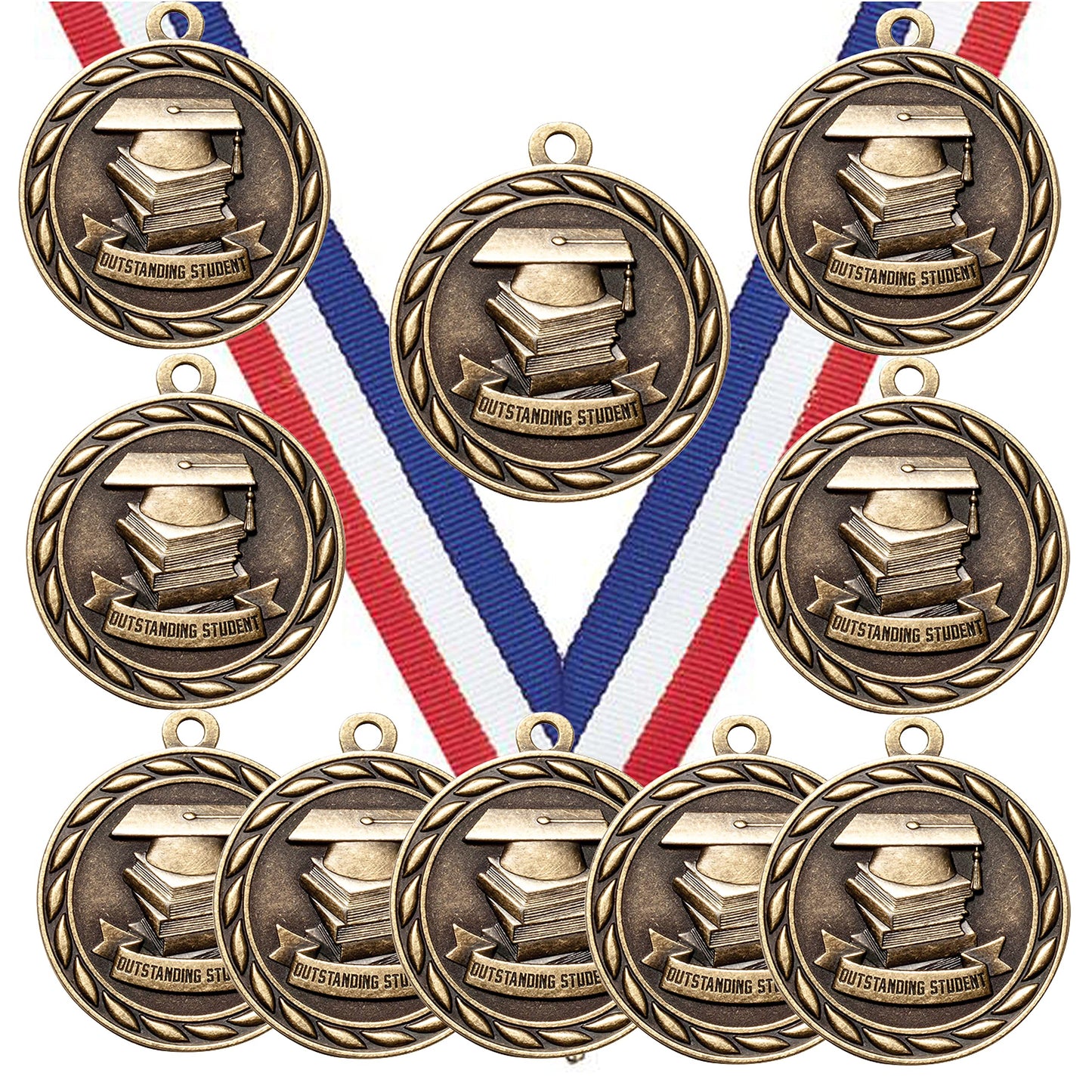 Express Medals Outstanding Student Scholastic Gold Medals Trophy Award with Neck Ribbons MA - (Pack of 10)