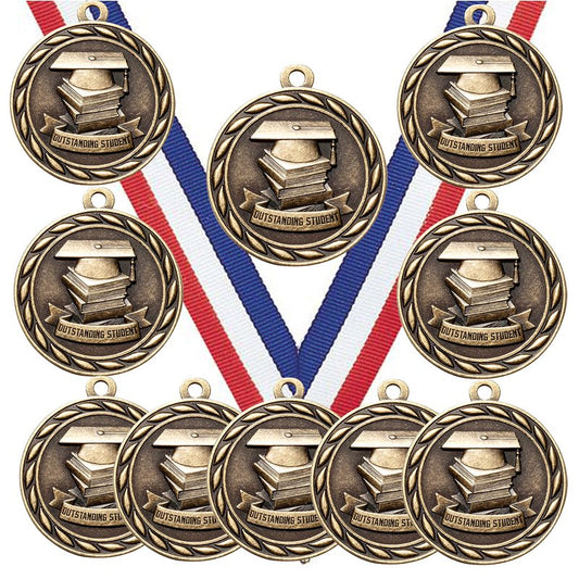 Express Medals Outstanding Student Scholastic Gold Medals Trophy Award with Neck Ribbons MA - (Pack of 10)