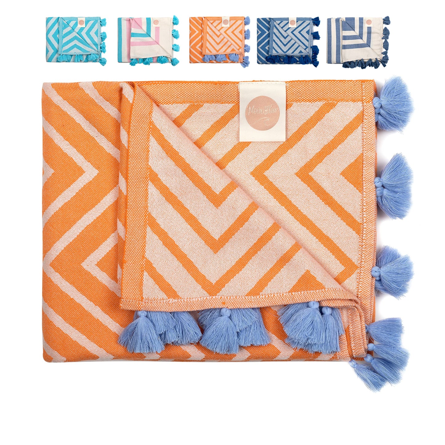 Nova Blue (37 x 69) - Orange Zigzag Beach Towel, 100% Turkish Cotton - Sand Resistant Beach Towels with Unique Designs - Quick Dry Turkish Bath Towels