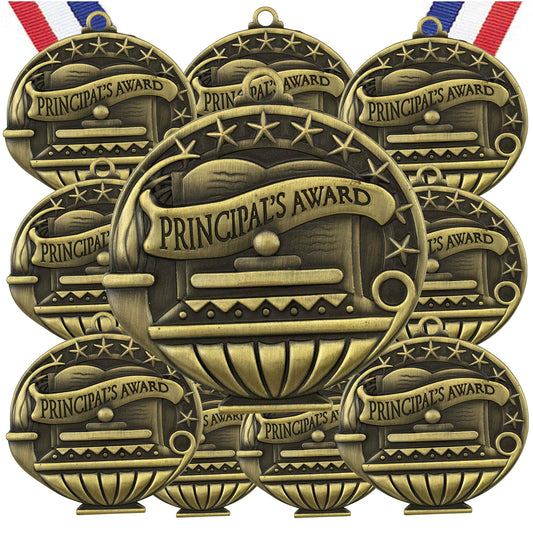 Express Medals Principals Award Gold Medals Trophy Award with Neck Ribbons APMG-764 - (Pack of 10)