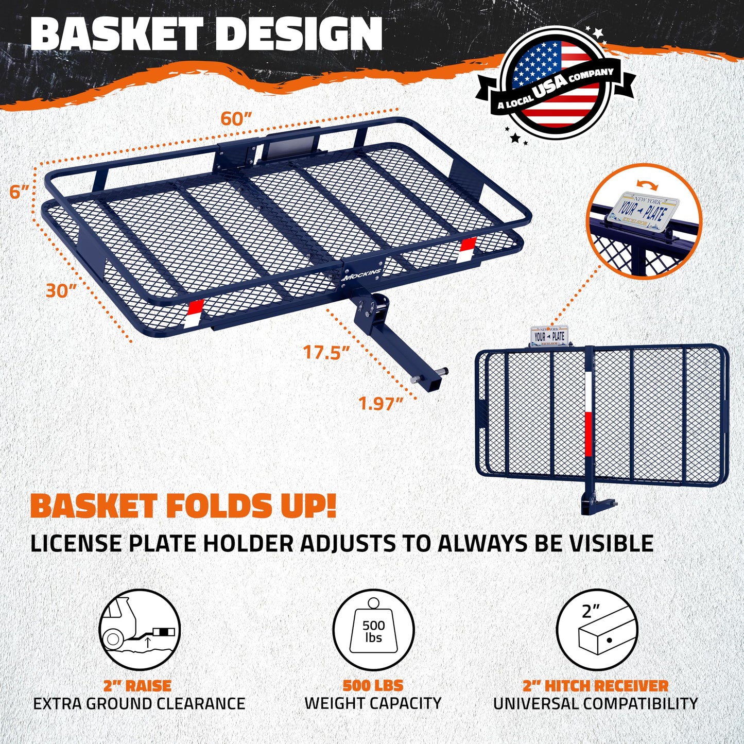 Mockins 60"x30"x6" Navy Trailer Hitch Cargo Carrier w/ 500 Lbs Capacity