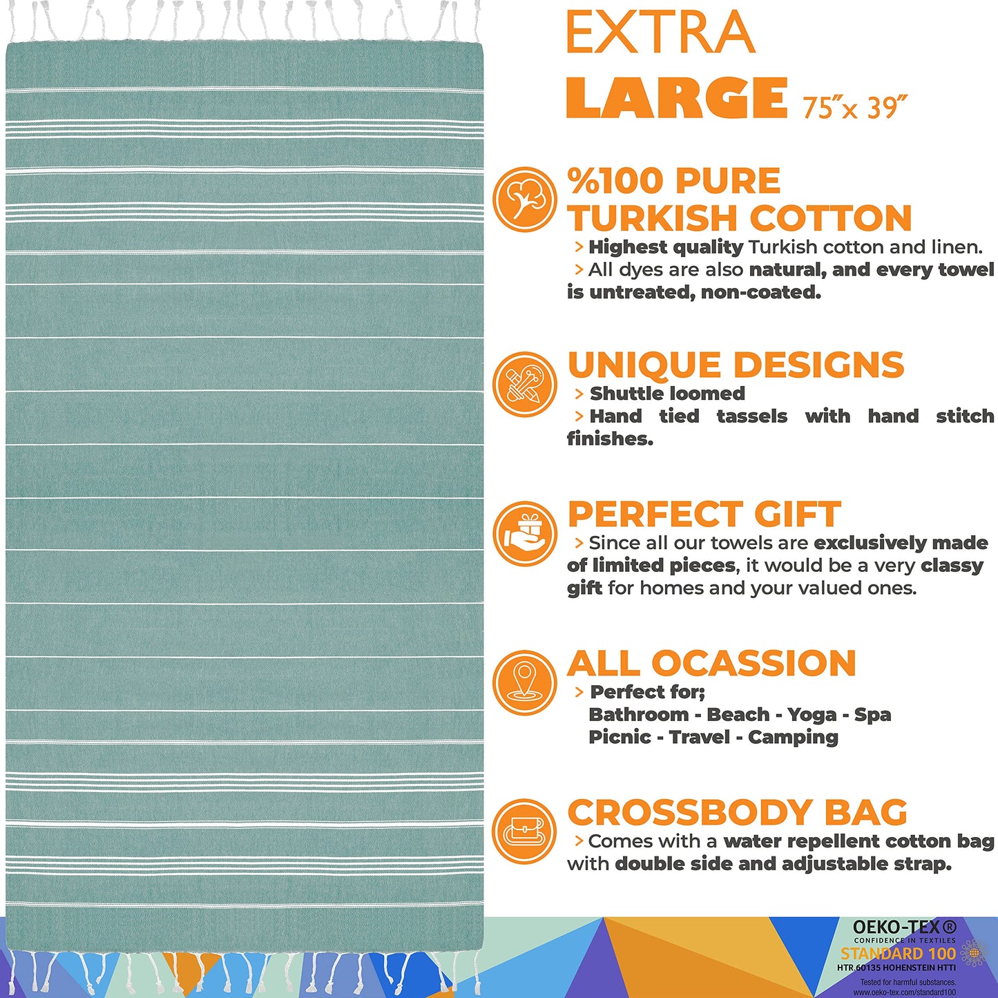 Madamelique Turkish Beach Towel with Beach Bag - 39 x 74 - Prewashed Beach Towels Oversized -%100Cotton - Quick Dry - Sand Free - Hand Loomed Turkish Bath Towels - Unique Absorbent Towel (Teal)
