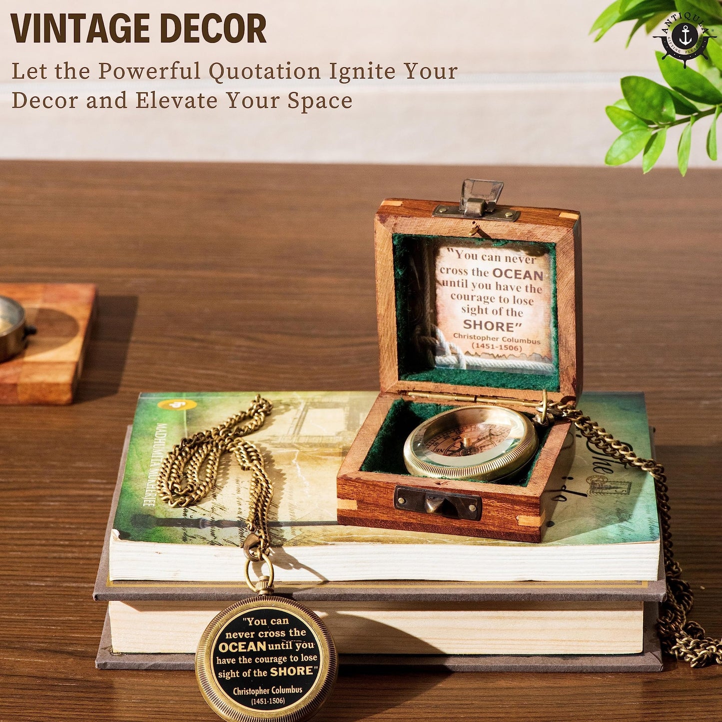 Antiqula Brass Compass with Wooden Box - Graduation Gifts, Pirate Accessories & Baptism Gift for Boys, Steampunk Travel Decor Compasses for Missionary, Inspirational and Sentimental Compass