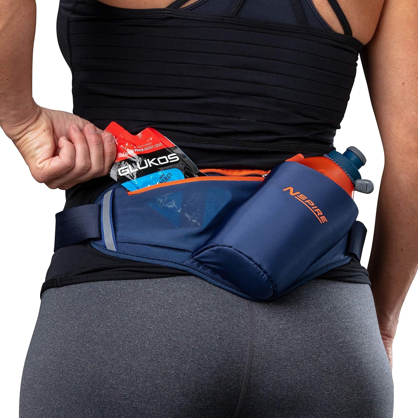 Hydration Waist Pack Bottle with 18oz Flask and Storage Area – Running, Hiking, Walking, Camping, Cycling, True Navy/Tigerlily